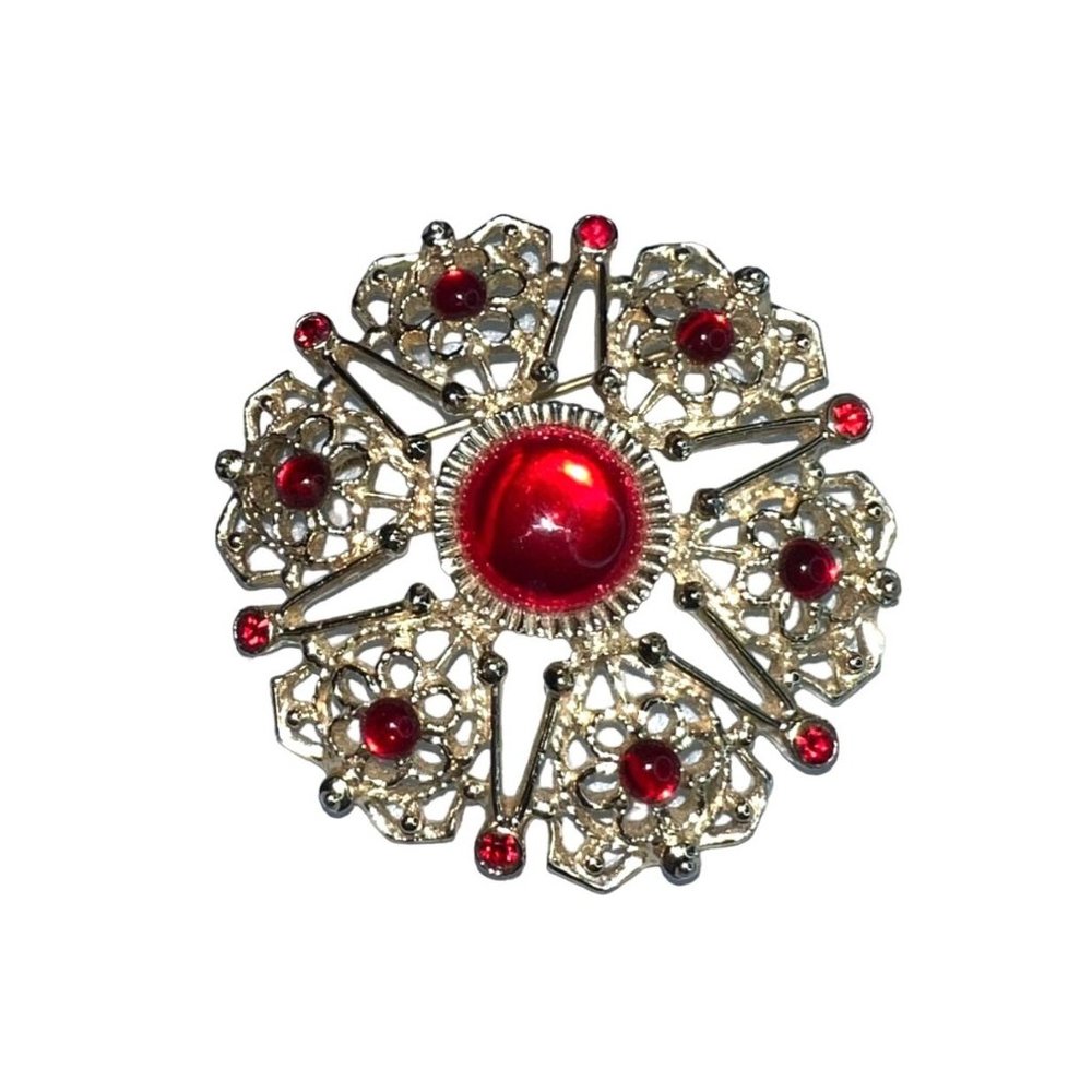 Vintage Sarah Coventry Brooch W/Red Rhinestones Serenade Collection Gripoix Star